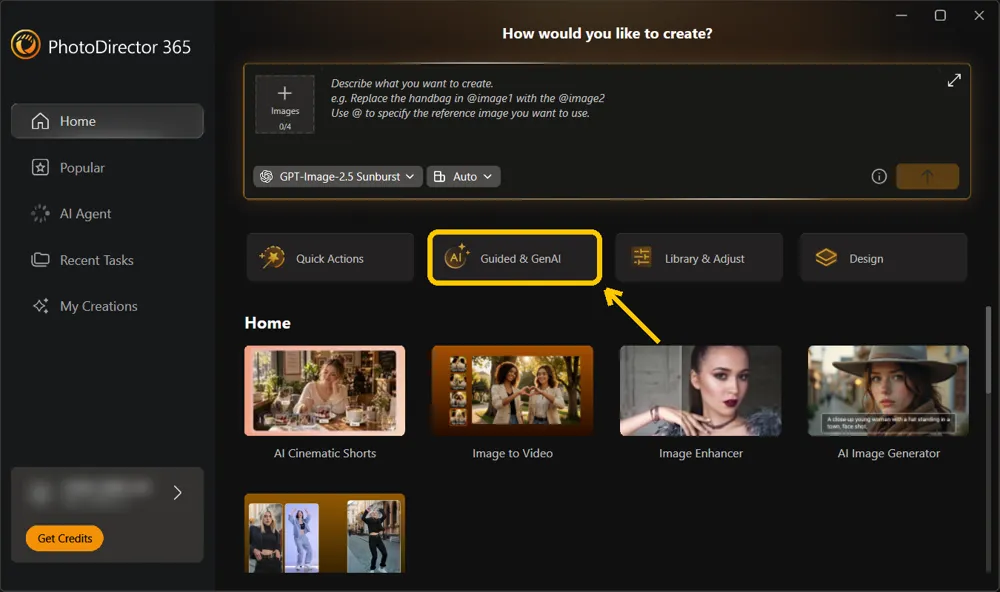 The PhotoDirector launcher with Guided and GenAI highlighted