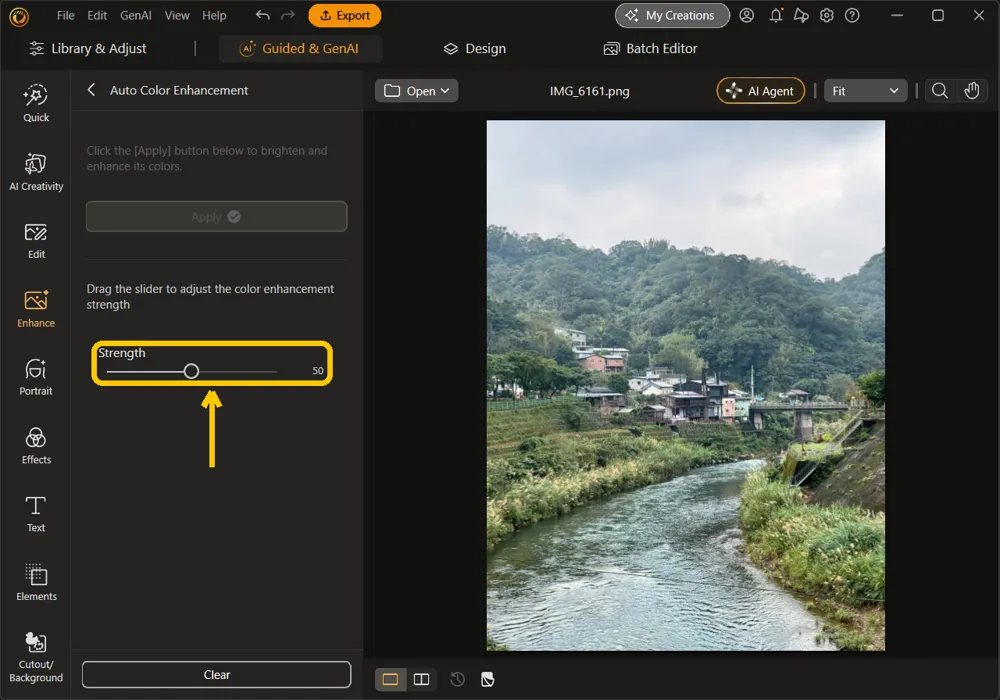 The Auto Color Enhancement panel with Apply grayed out with a checkmark and the Strength slider at 50 highlighted