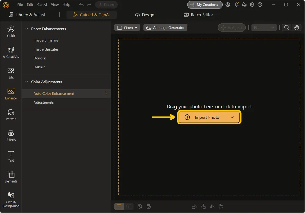 The empty canvas with the Import Photo button highlighted and Auto Color Enhancement selected in the left panel