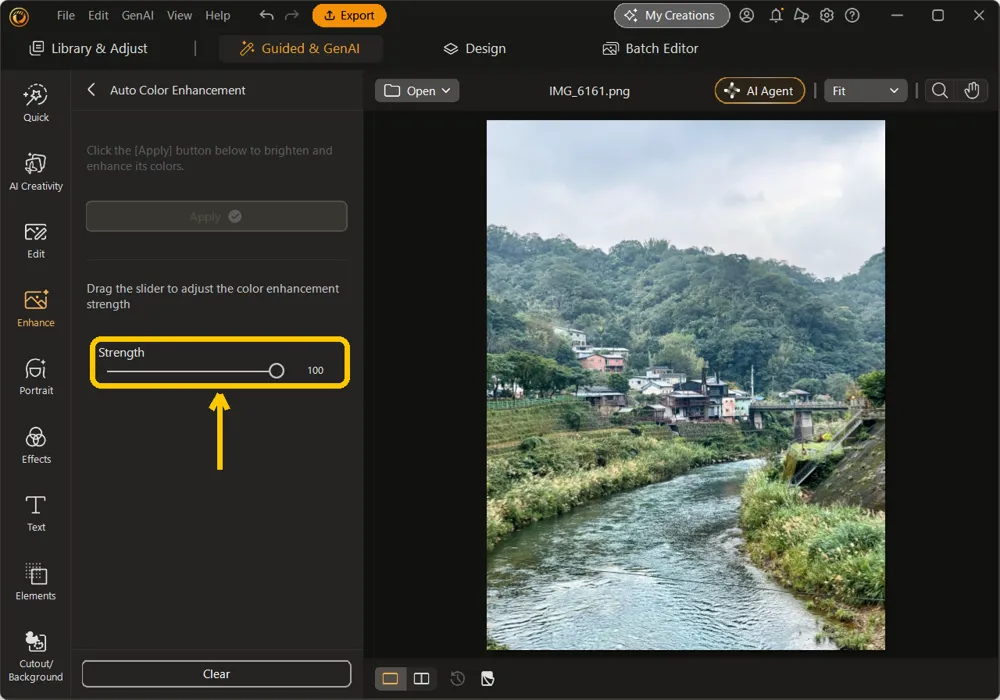 The Strength slider pushed to 100 in the Auto Color Enhancement panel