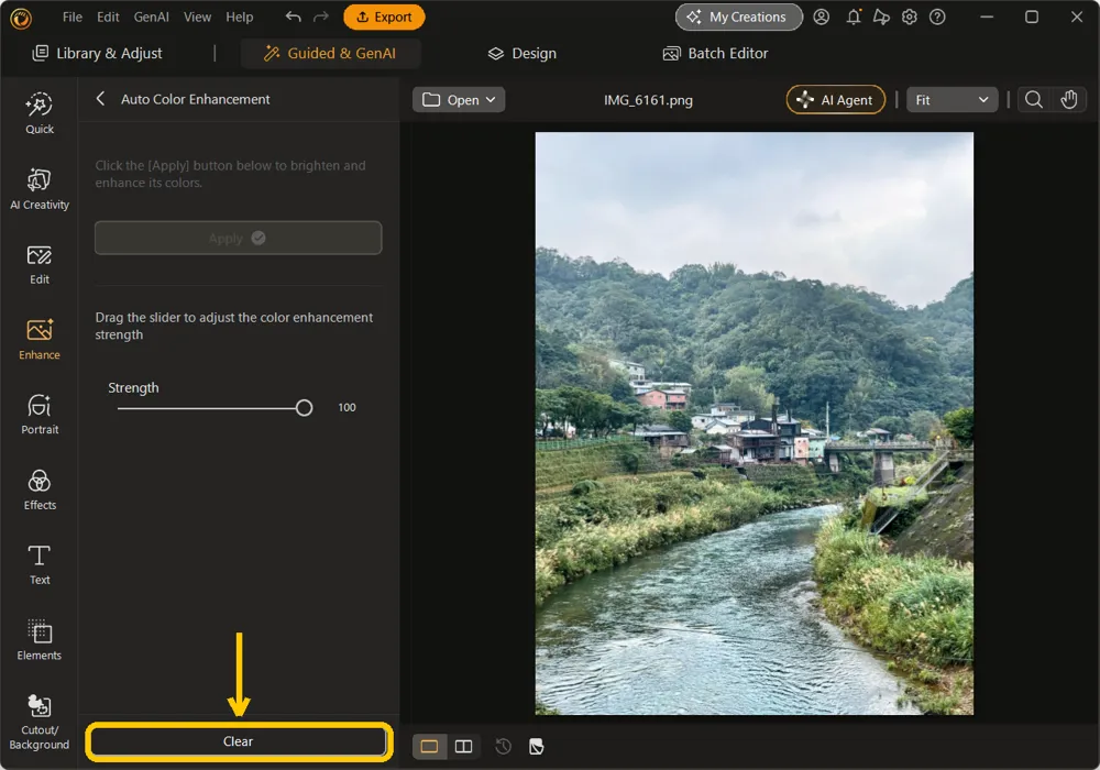 The Clear button at the bottom of the Auto Color Enhancement panel, highlighted