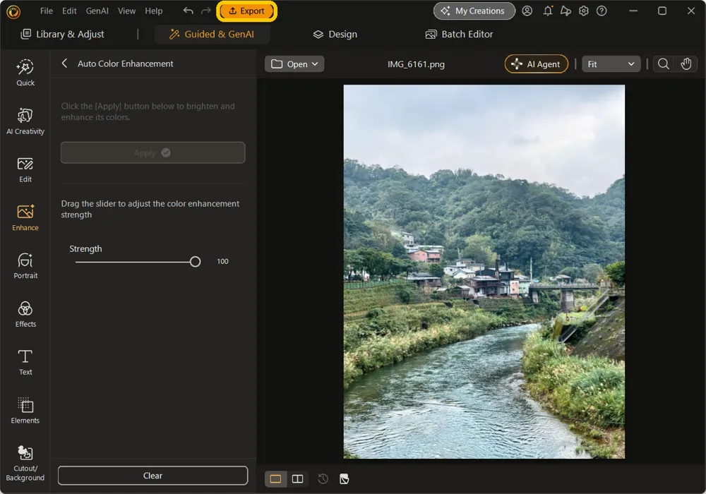 The Auto Color Enhancement panel with Strength at 100 and the Export button highlighted at the top of the window