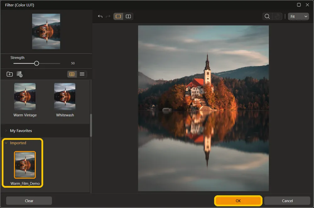 The Imported category open below My Favorites with the Warm_Film_Demo LUT selected, and the OK button highlighted