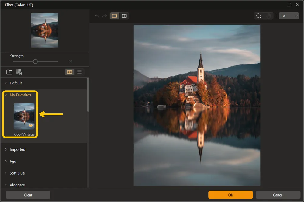 The My Favorites category open, with the Cool Vintage thumbnail and its orange heart highlighted