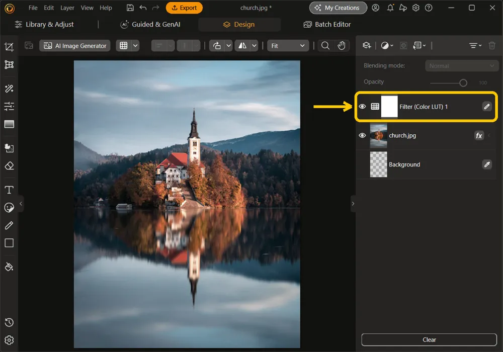 The layer panel in Design with the new Filter (Color LUT) 1 layer highlighted above the church.jpg layer