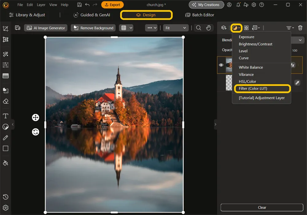 The Design tab with the church photo, and the Design tab, the adjustment layer button, and Filter (Color LUT) in its menu highlighted