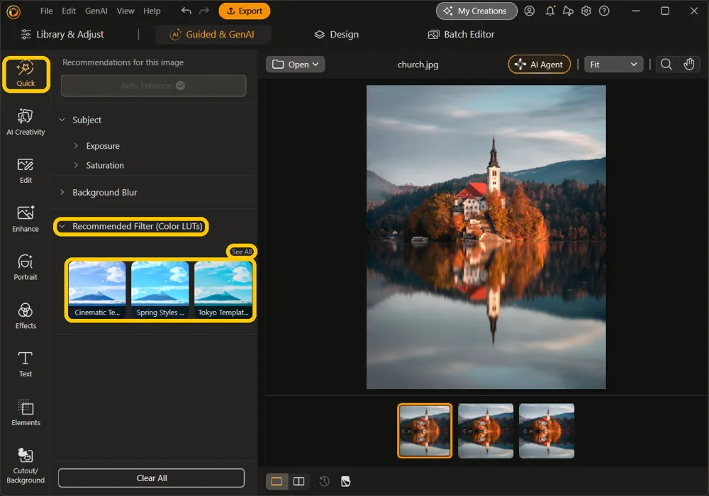 The Quick panel with the church photo open, and the Quick rail icon, the Recommended Filter (Color LUTs) section with three suggested LUTs, and See All highlighted