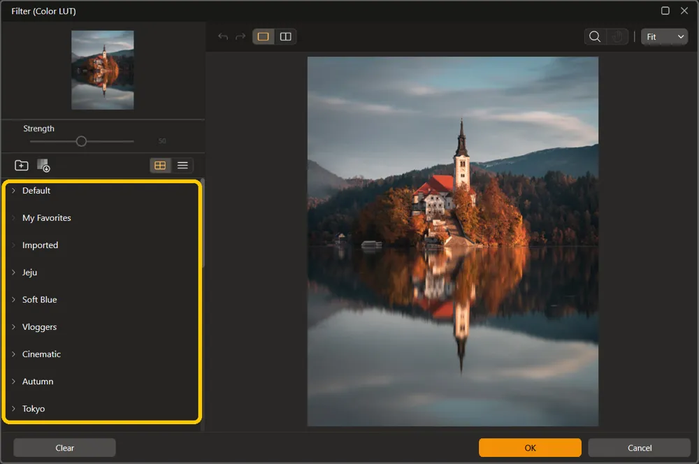 The Filter (Color LUT) window with Default folded up and the category list highlighted, from Default to Tokyo