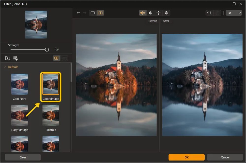 The Cool Vintage thumbnail highlighted in the Default category of the Filter (Color LUT) window