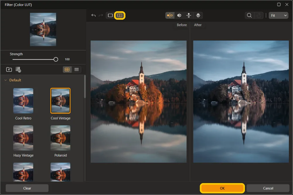 Before and After views side by side, with the side-by-side view button and the OK button highlighted