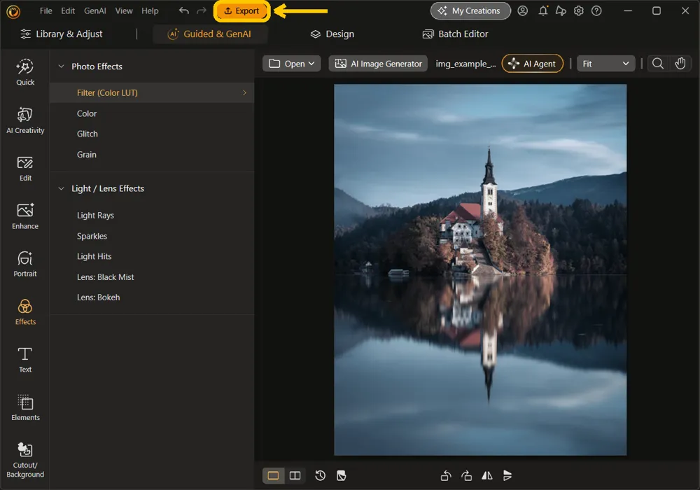 The main window with the filtered photo and the Export button highlighted at the top