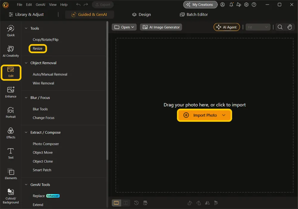 The Edit icon, Resize under Tools, and the Import Photo button highlighted