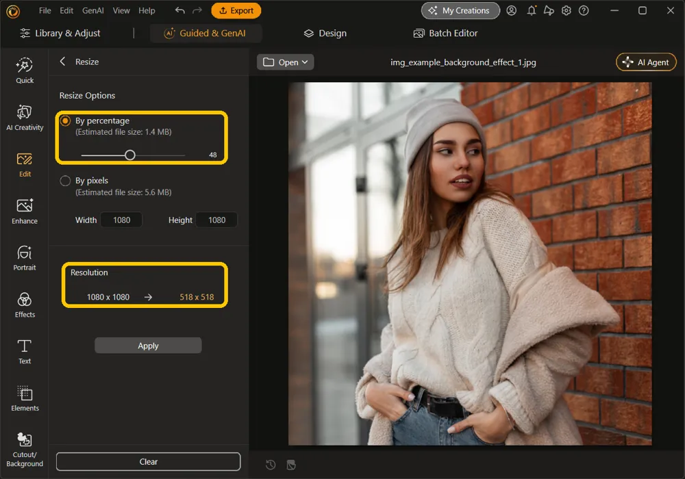 The By percentage slider at 48 with an estimated file size of 1.4 MB, and Resolution showing 1080 x 1080 to 518 x 518, highlighted