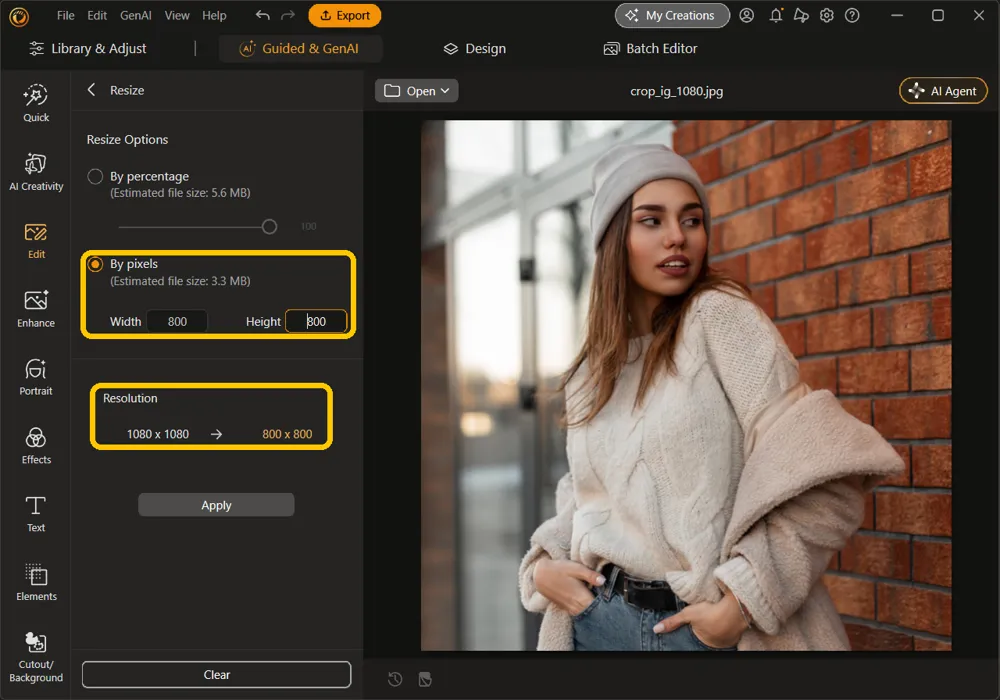 By pixels selected with Width and Height at 800, and Resolution showing 1080 x 1080 to 800 x 800, highlighted