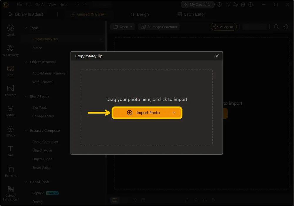 The Crop/Rotate/Flip import window with the Import Photo button highlighted