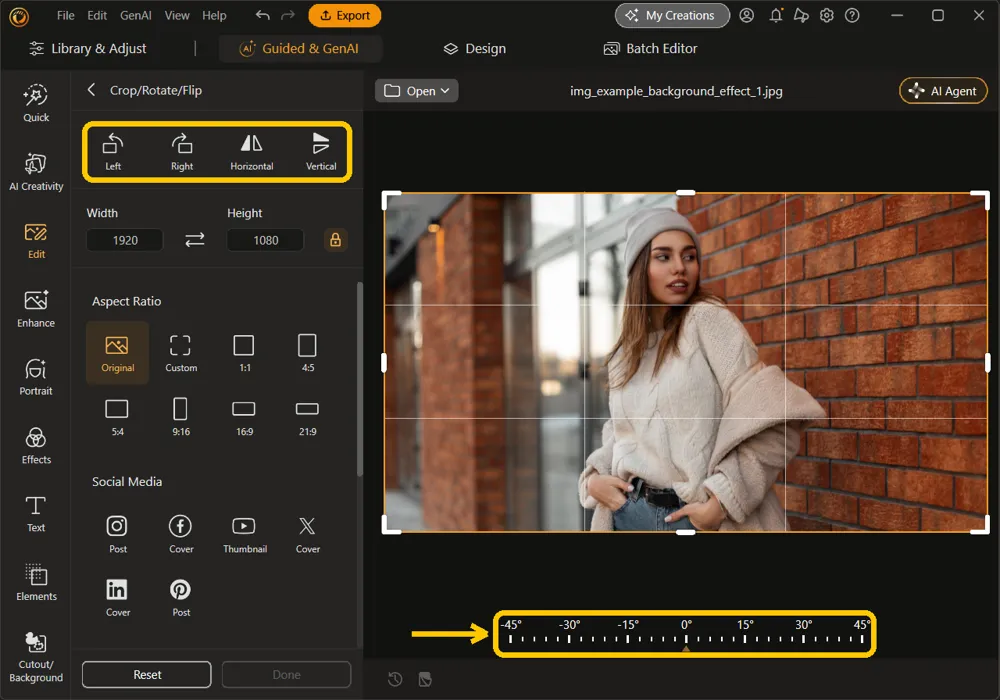 The Left, Right, Horizontal, and Vertical buttons and the straighten dial under the photo highlighted