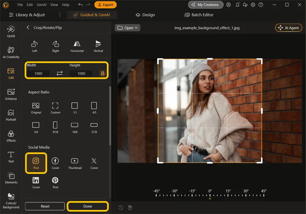 Instagram Post selected, Width and Height at 1080, and the Done button highlighted, with a square crop frame on the photo