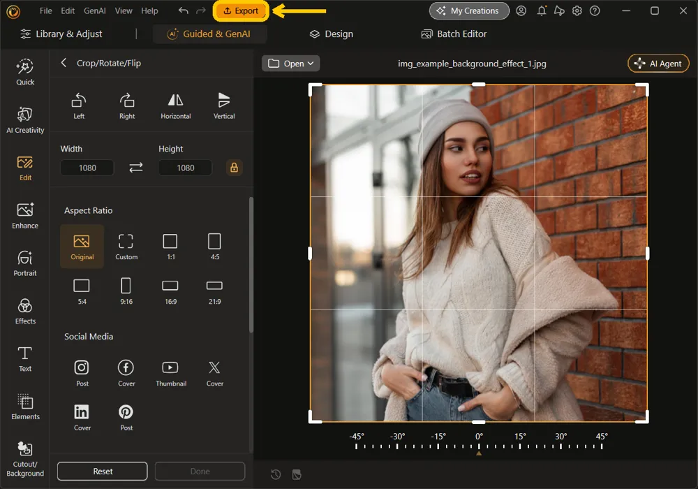 The cropped square photo on the canvas with the Export button highlighted at the top of the window