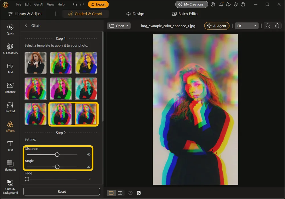 The last two glitch templates highlighted, with the last one applied to the portrait, and the Distance and Angle sliders highlighted at 60 and 20