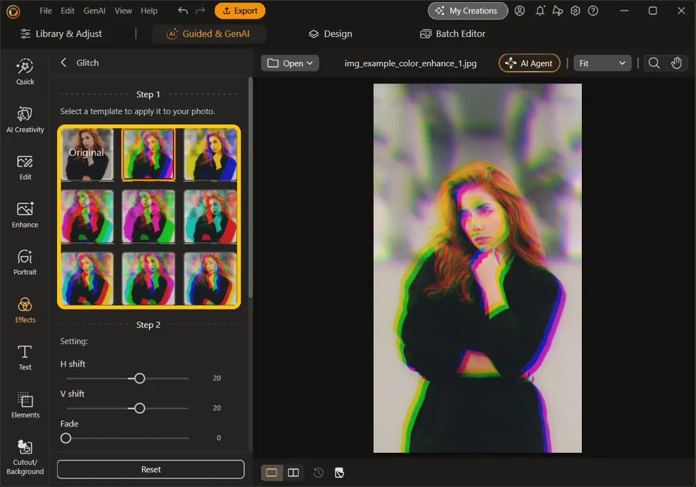 The grid of glitch templates highlighted, with the second template selected and applied to the portrait