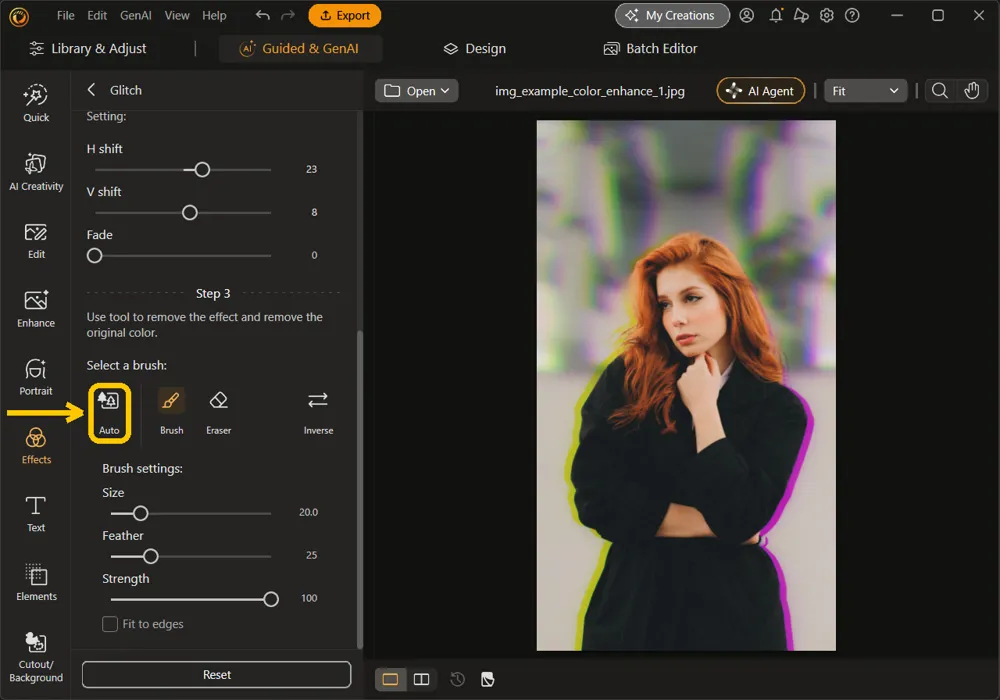 The Auto brush highlighted, with the woman back in her original colors and the glitch left on the background