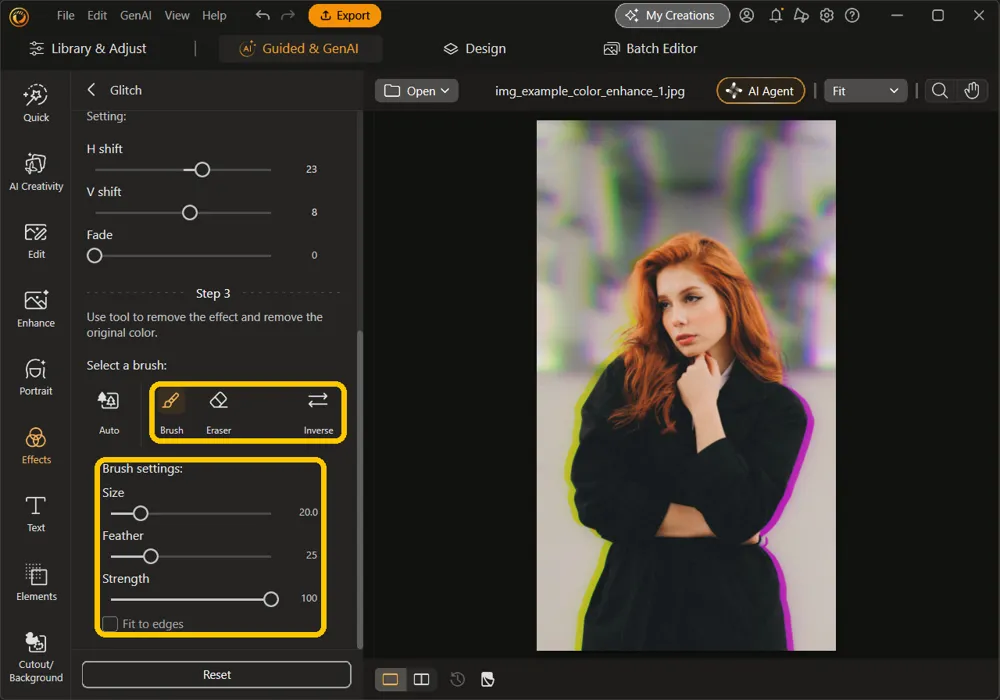 The Brush, Eraser, and Inverse tools and the Brush settings sliders, highlighted
