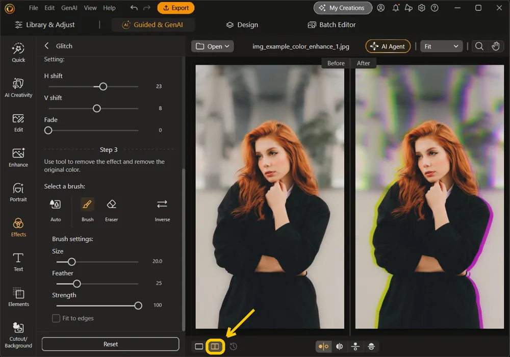 The side-by-side view button highlighted under the canvas, with the original and the glitched portrait side by side