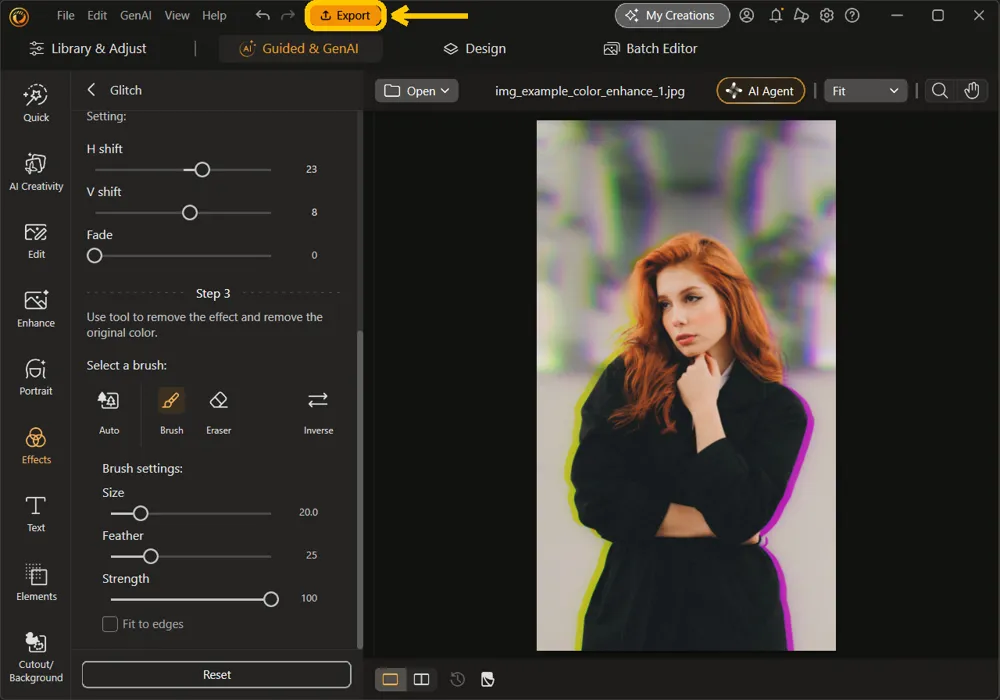 The finished glitch portrait in the editor, with the Export button highlighted at the top of the window