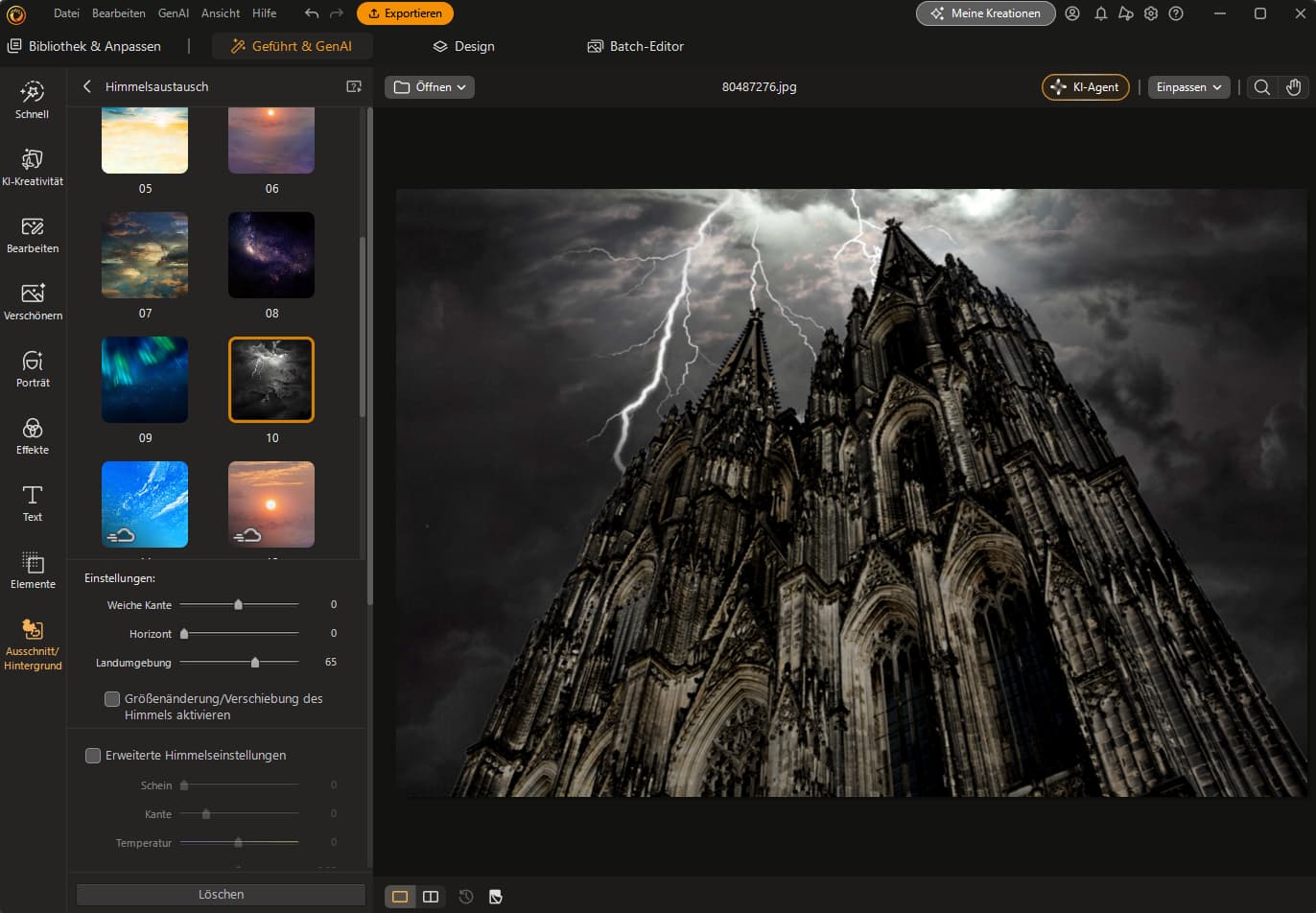 PhotoDirector Benutzeroberfläche zur Himmelsersetzung am Kölner Dom mit dramatischem Gewitter-Effekt