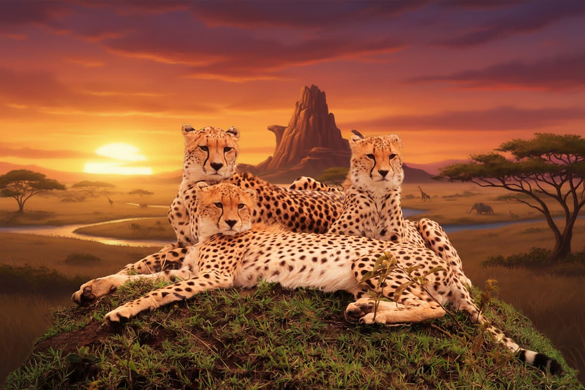 Fotorealistisches Ergebnis einer KI-Bildbearbeitung: Drei Geparden in einer Savannen-Landschaft bei Sonnenuntergang mit dem ikonischen „Königsfelsen“ im Hintergrund.