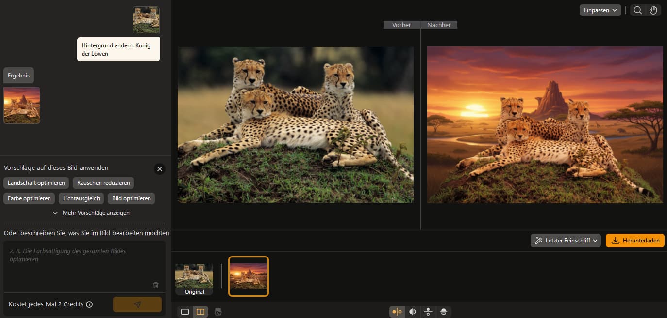 PhotoDirector Benutzeroberfläche: Hintergrund eines Geparden-Fotos per KI-Chat-Prompt in eine „König der Löwen“-Savanne ändern.