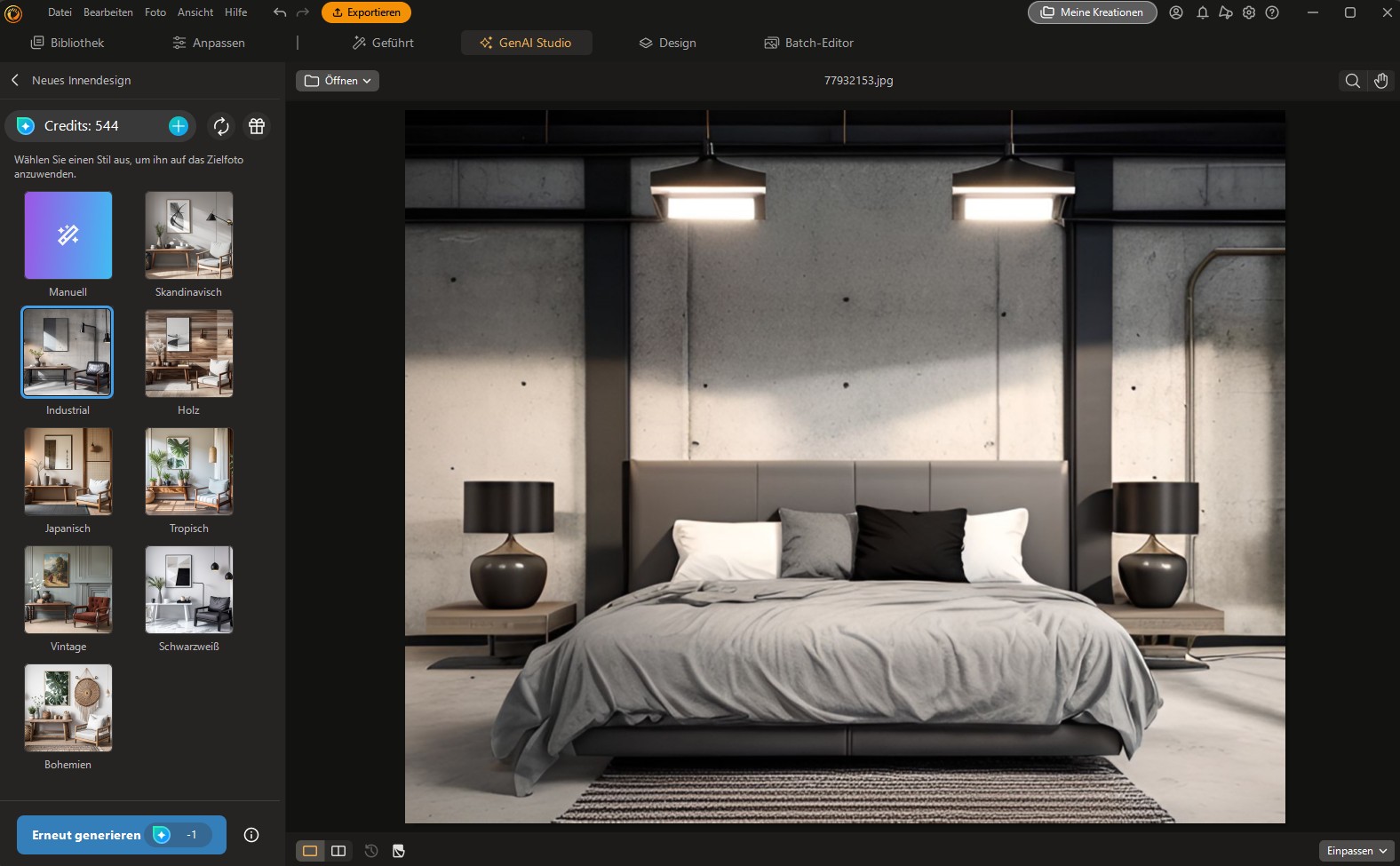 KI-Innenarchitektur mit PhotoDirector: Screenshot der Software-UI zeigt die Umgestaltung eines Schlafzimmers mittels GenAI Studio und verschiedenen Wohnstil-Filtern.