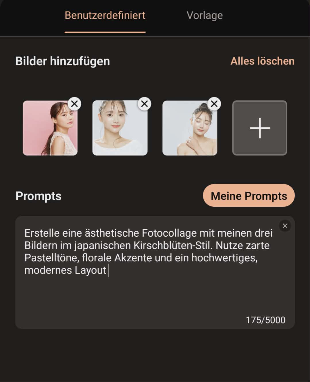 PhotoDirector App Interface KI Collage Prompt eingeben Deutsch.
