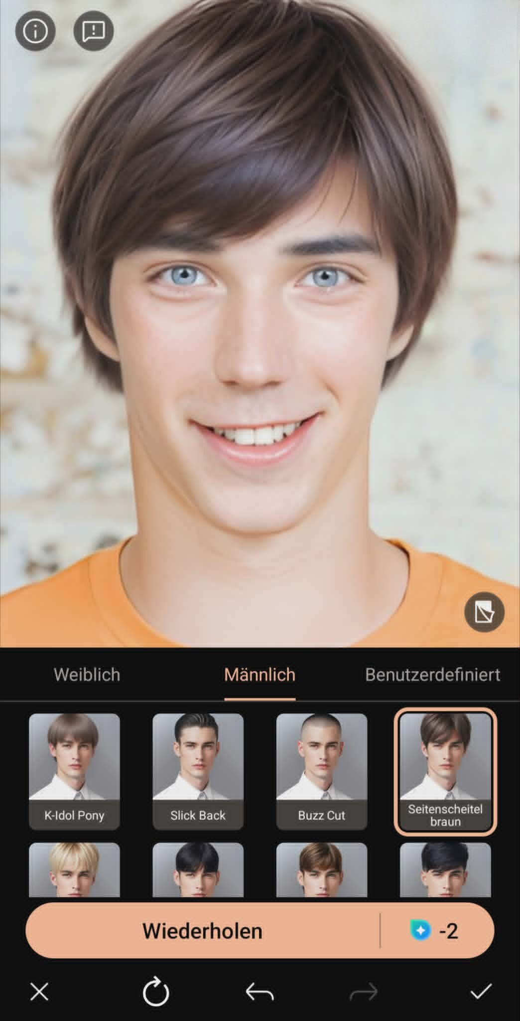 Eine Smartphone-App-Oberfläche auf Deutsch, die zeigt, wie ein männliches Modell virtuell verschiedene Frisuren wie Seitenscheitel, Buzz Cut oder Slick Back ausprobiert.