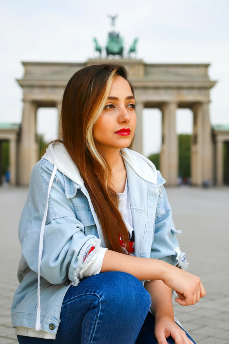 Mit PhotoDirector bearbeitetes Porträt einer Frau in einer Jeansjacke, die vor dem Brandenburger Tor in Berlin sitzt.