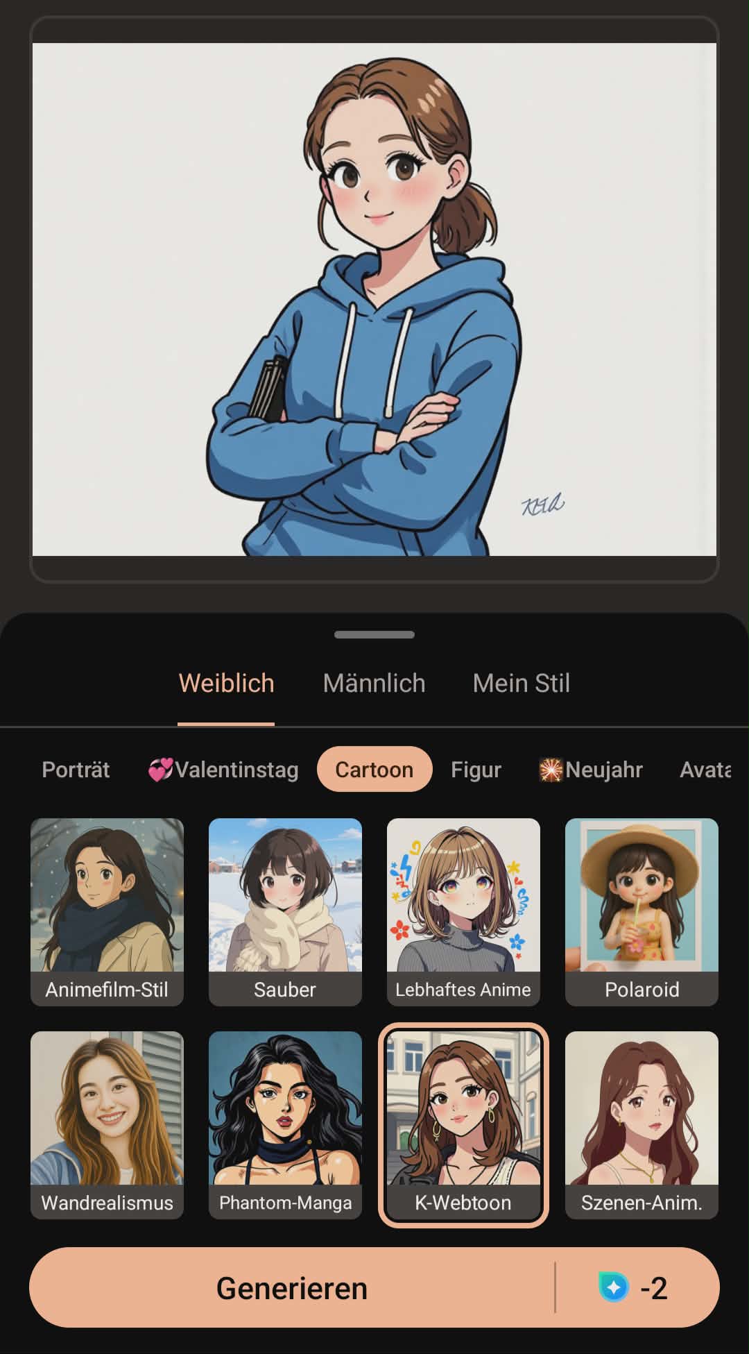 Benutzeroberfläche der PhotoDirector App mit verschiedenen KI-Cartoon-Filtern wie K-Webtoon und Anime-Stil für die mobile Fotobearbeitung.