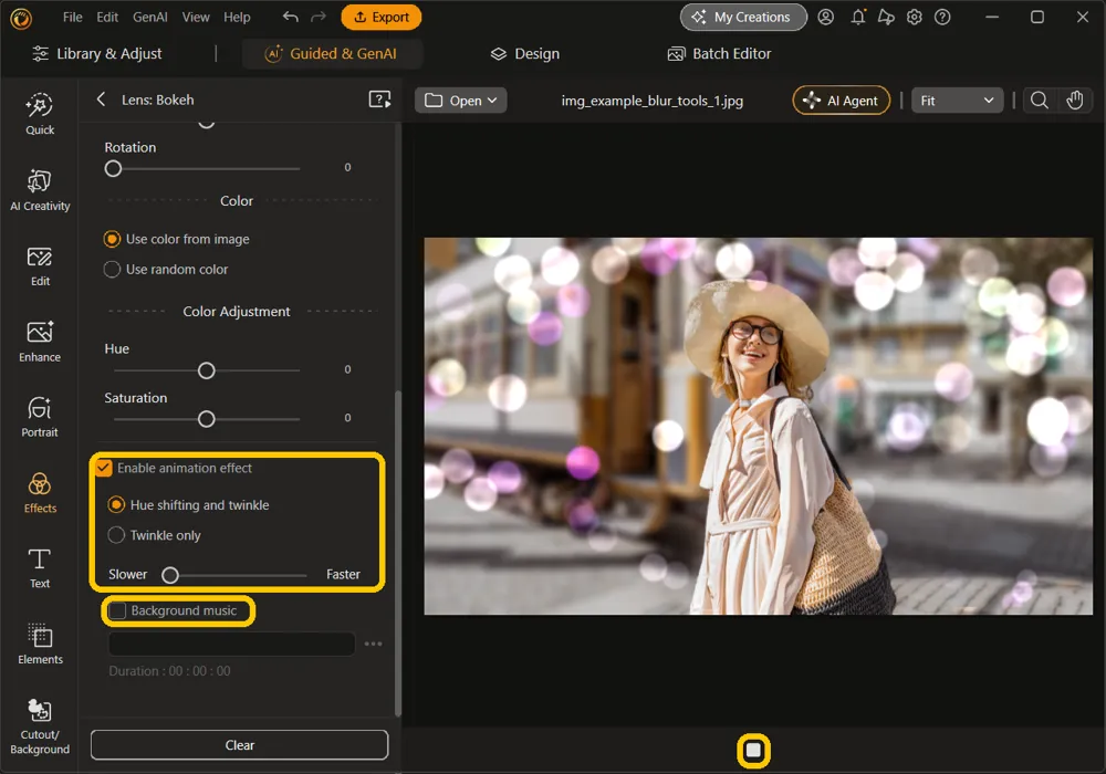 Enable animation effect checked with Hue shifting and twinkle selected and the speed slider, the Background music checkbox, and the playback button under the photo, highlighted