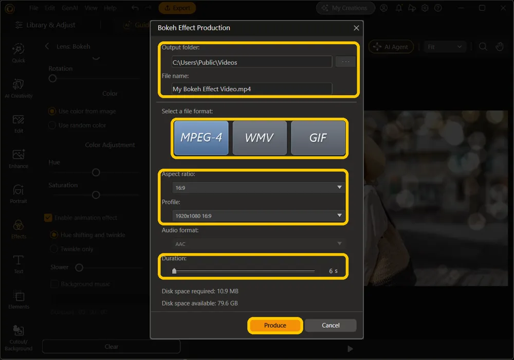 The Bokeh Effect Production window with the output folder and file name, the file formats, aspect ratio and profile, duration, and Produce button highlighted
