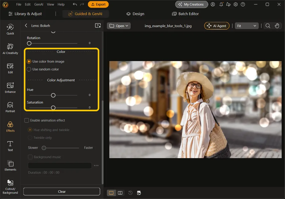 The Lens: Bokeh panel scrolled to the Color options, Use color from image and Use random color, and the Color Adjustment Hue and Saturation sliders, highlighted