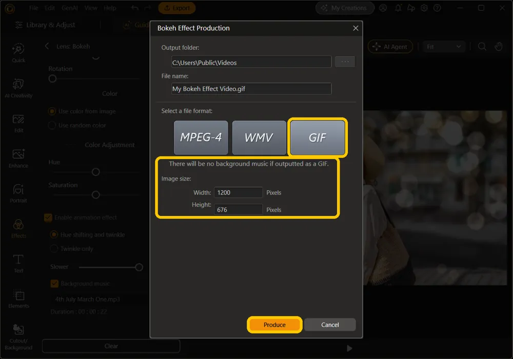 The Bokeh Effect Production window with GIF selected, and the no-music note, the Image size Width and Height fields, and Produce highlighted