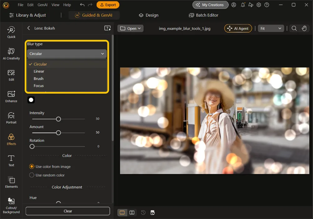 The Blur type list open at the top of the Lens: Bokeh panel, highlighted, with Circular, Linear, Brush, and Focus, and the woman's face covered by round lights