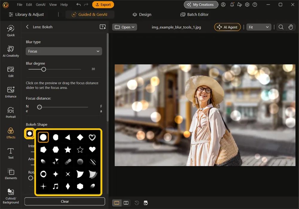 The Bokeh Shape box and the open grid of 25 shapes highlighted, with the circle selected