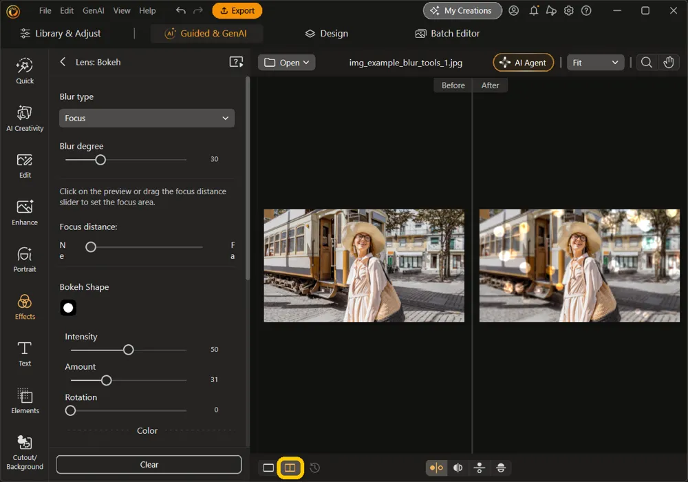 The side-by-side view button highlighted, with the original photo under Before and the bokeh version under After