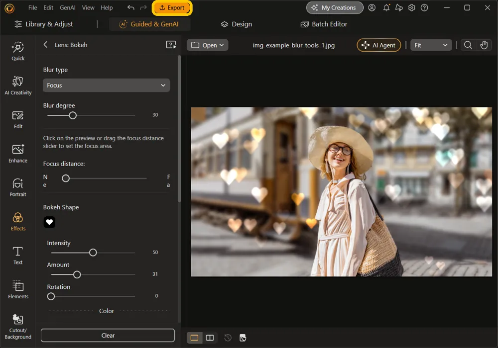 The Lens: Bokeh panel with the heart shape and the Export button highlighted at the top of the window