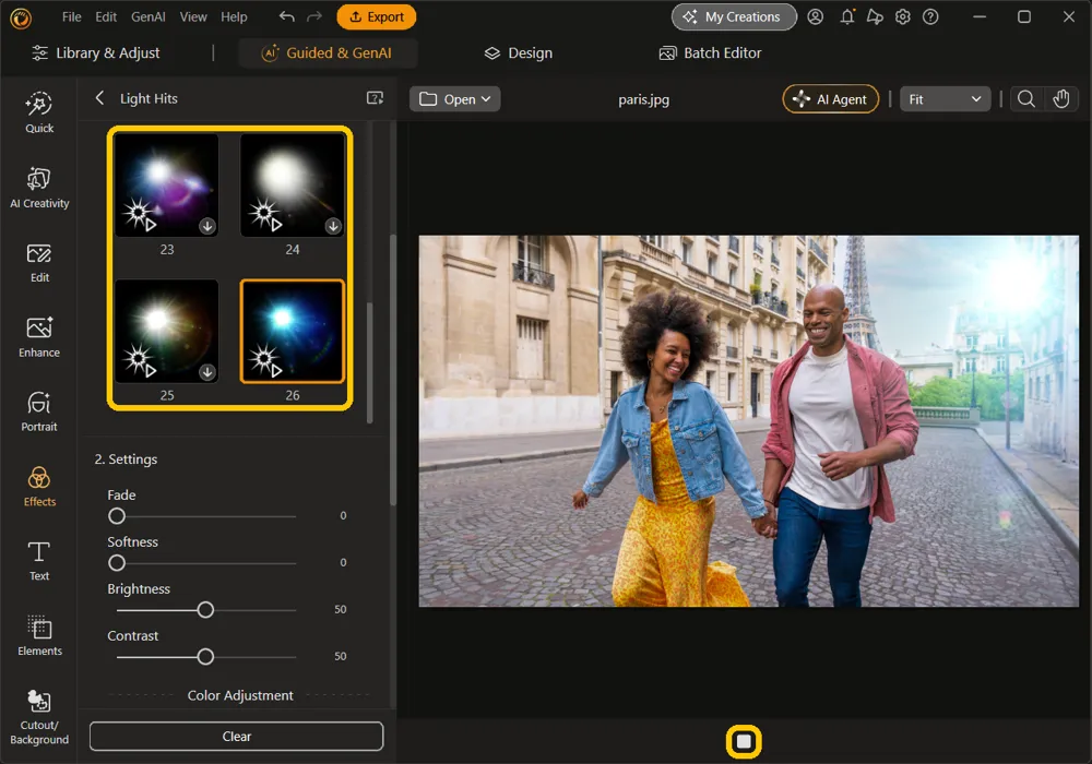 Animated templates 23 to 26 at the end of the Light Hits list highlighted, with template 26 selected, its blue flare in the sky at the top right, and the playback button under the photo highlighted