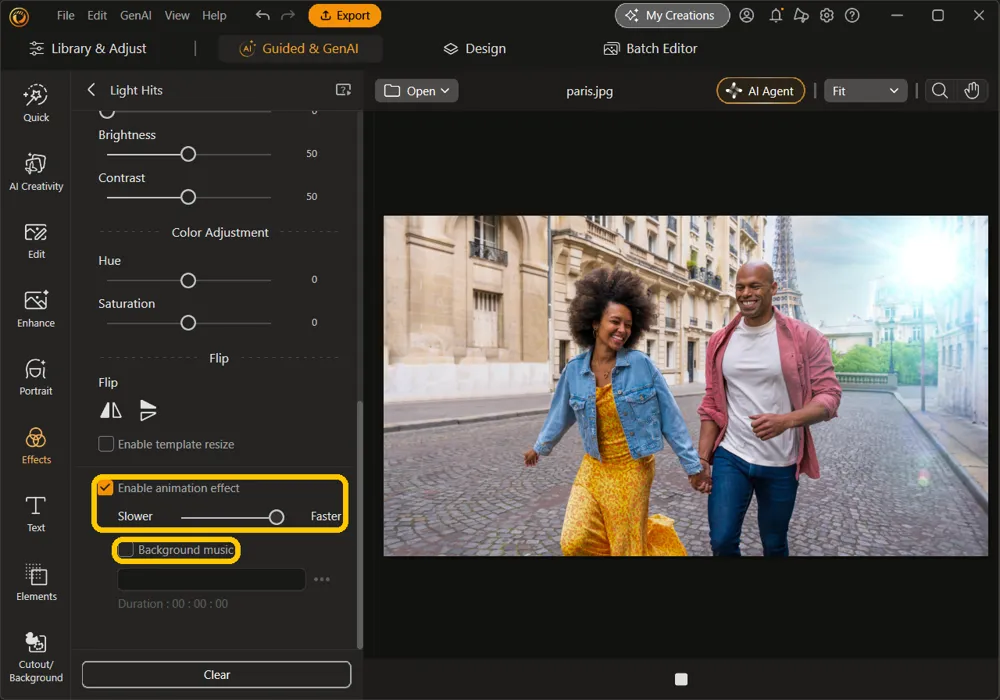 Enable animation effect checked with the speed slider dragged to Faster, and the Background music checkbox, highlighted