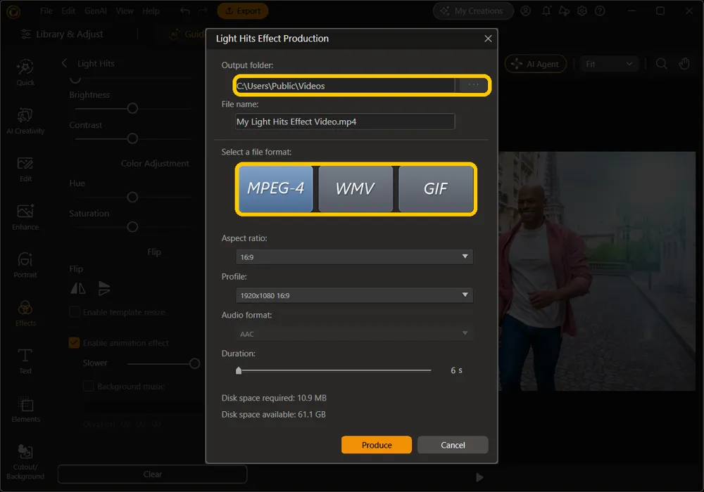 The Light Hits Effect Production window with the Output folder field and the MPEG-4, WMV and GIF format buttons highlighted