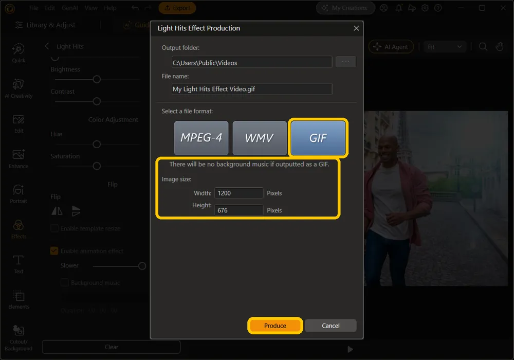 The Light Hits Effect Production window with GIF selected, and the no-music note, the Image size Width and Height fields, and Produce highlighted