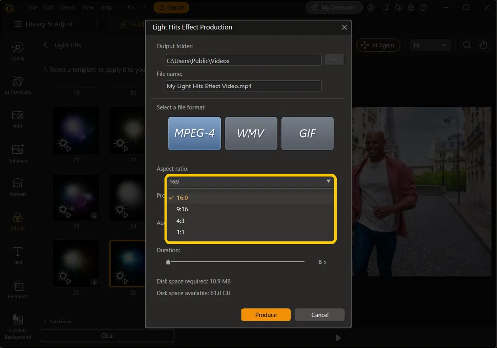 The Aspect ratio menu open, listing 16:9, 9:16, 4:3 and 1:1, highlighted