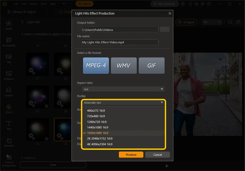 The Profile menu open, listing resolutions from 480x272 to 4K 4096x2304 with 1920x1080 checked, highlighted